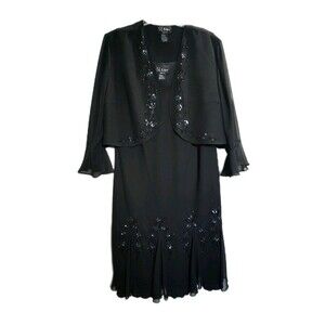 SL FASHIONS Plus Size 2PC Black Sequin Bead Evening Dress & Cover Up Jacket 24W